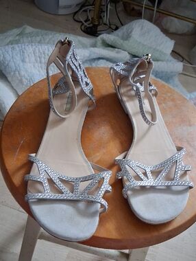 Women's Giorgio Armani Silver Embellished Ankle Strap Sandals. *8.5